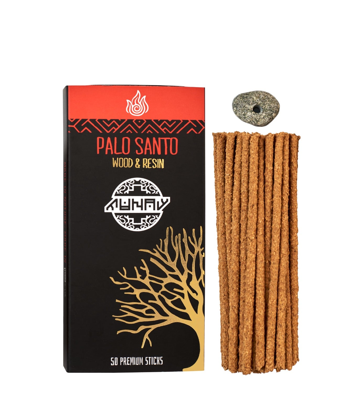 Palo Santo Wood & Resin Räucherstäbchen – 50 Premium-Sticks mit Steinhalter aus Peru, nachhaltig hergestellt zur energetischen Reinigung.