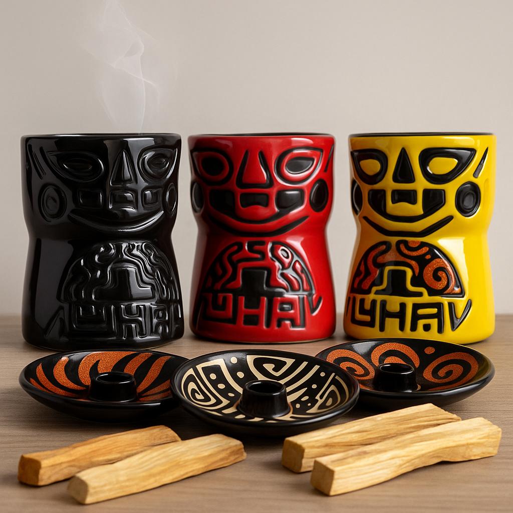 Handgefertigte Keramikschale mit glühendem Palo Santo Holz – Zubehör für Räucherungen und spirituelle Rituale